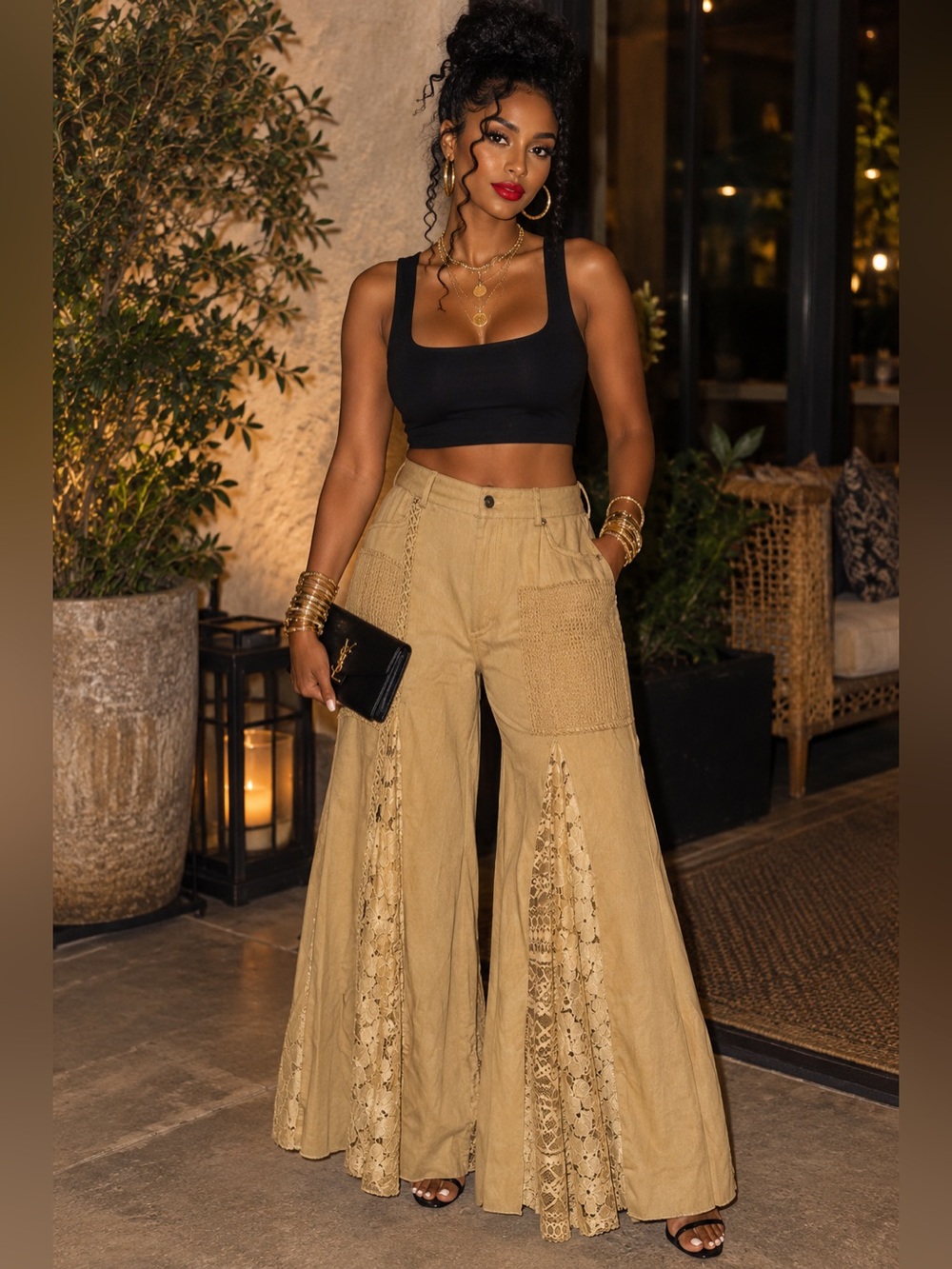 High-Waist Khaki Lace-Panel Wide Leg Pants